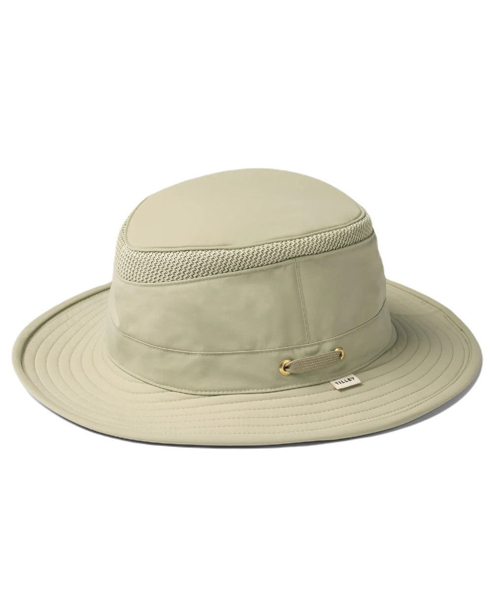 Khaki Olive coloured Tilley Airflo Medium Brim Recycled Hat on white background
