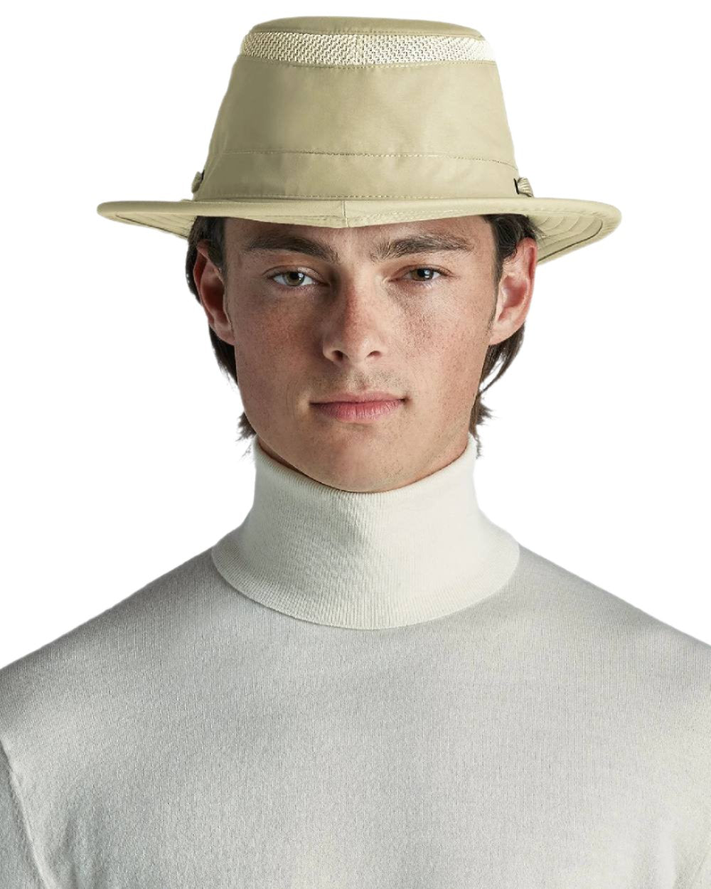 Khaki Olive coloured Tilley Airflo Medium Brim Recycled Hat on white background