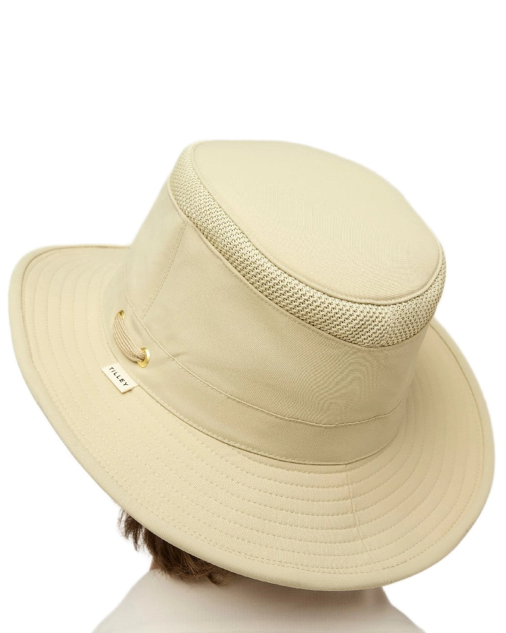 Khaki Olive Coloured Tilley Airflo Medium Brim Recycled Hat on white background