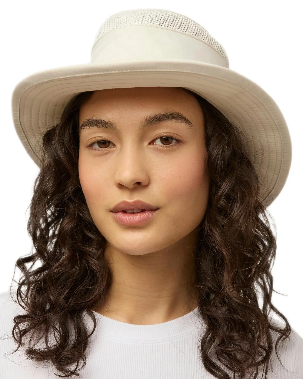 Light Stone Coloured Tilley Airflo Medium Brim Recycled Hat on white background
