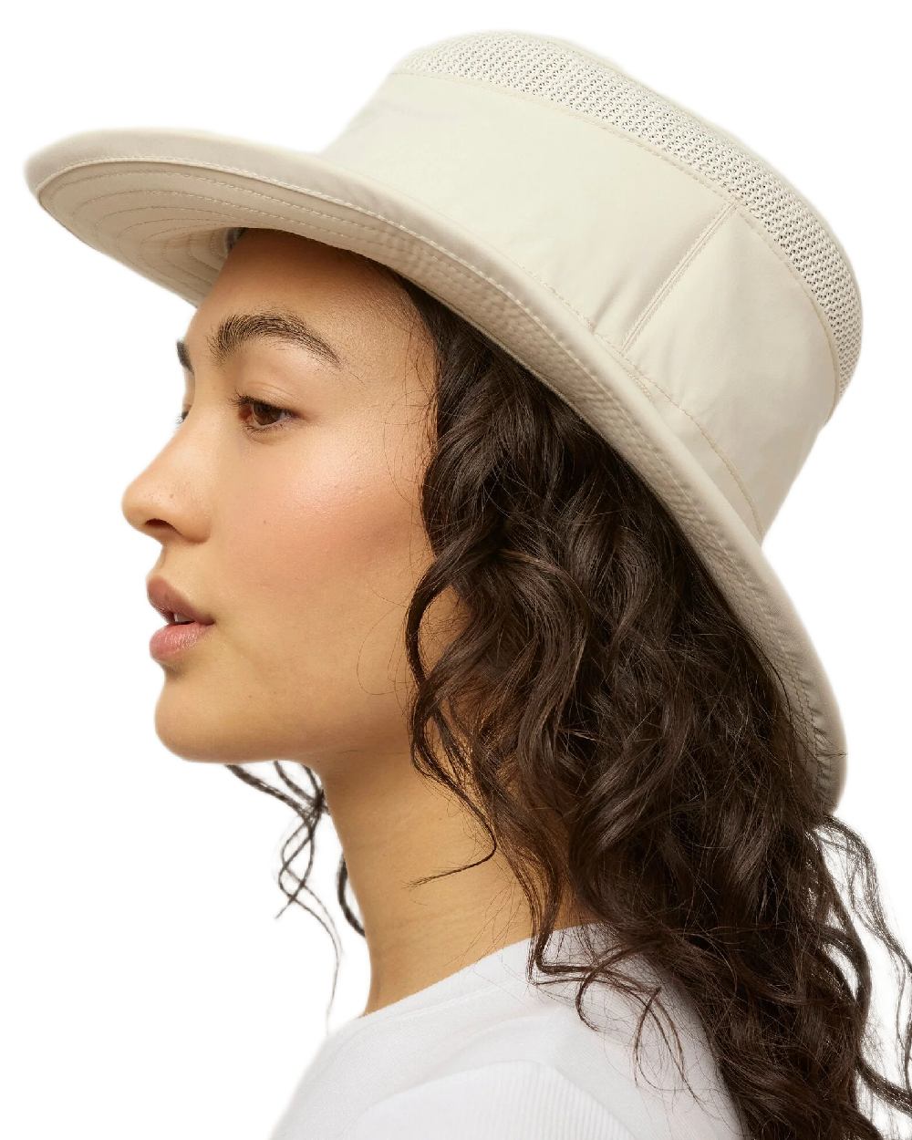 Light Stone Coloured Tilley Airflo Medium Brim Recycled Hat on white background