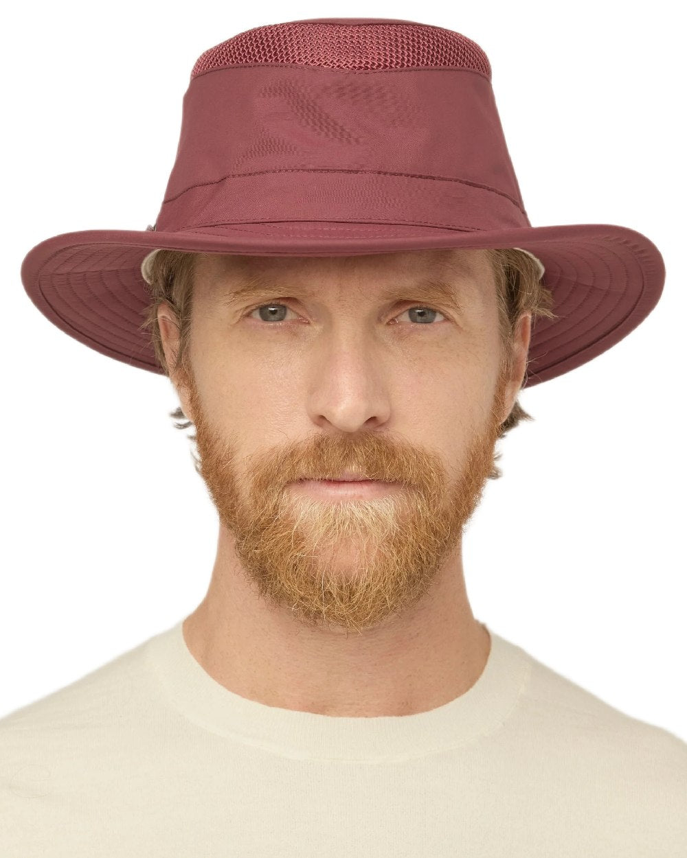 Mulberry Coloured Tilley Airflo Medium Brim Recycled Hat on white background