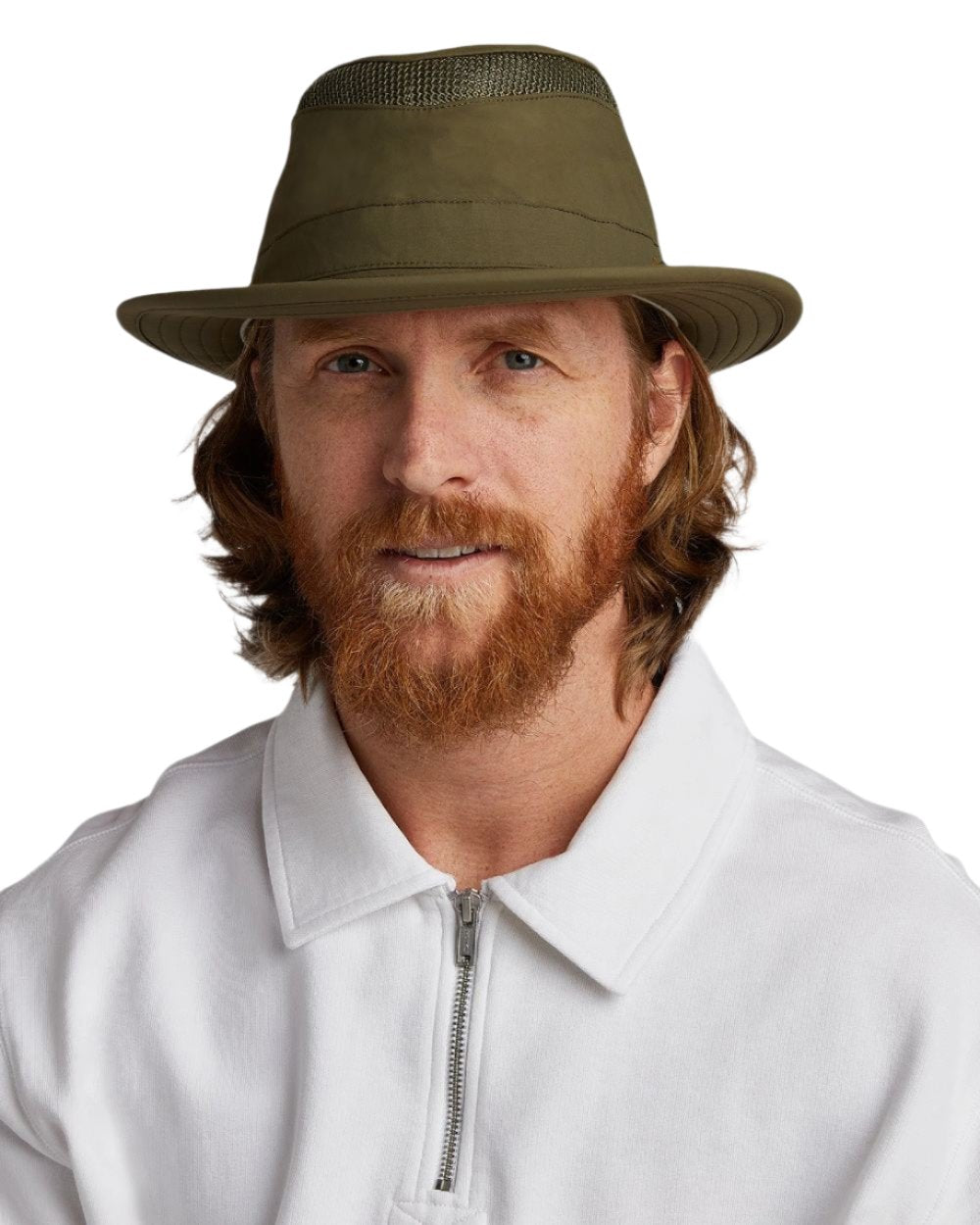 Olive coloured Tilley Airflo Medium Brim Recycled Hat on white background