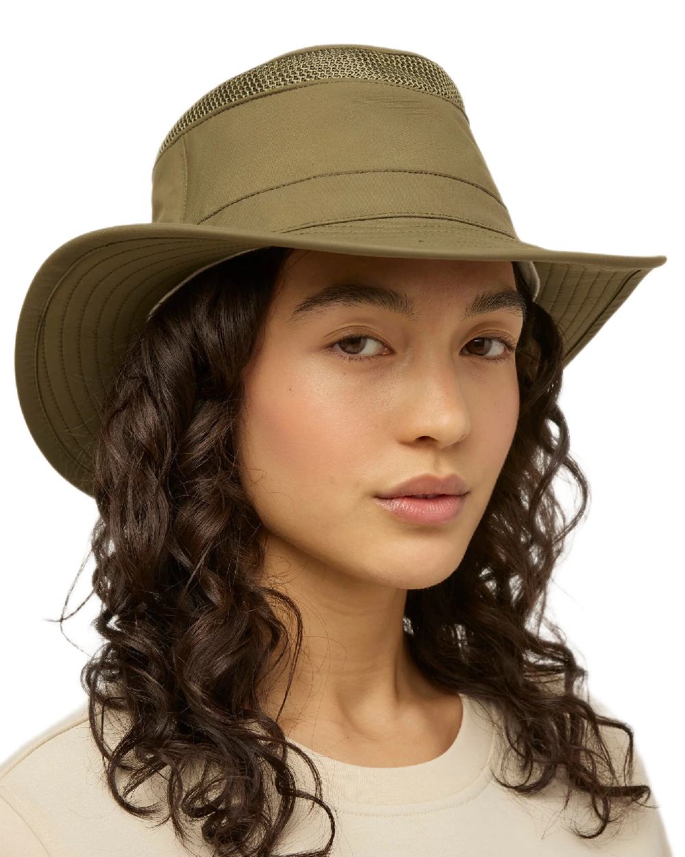 Olive Coloured Tilley Airflo Medium Brim Recycled Hat on white background