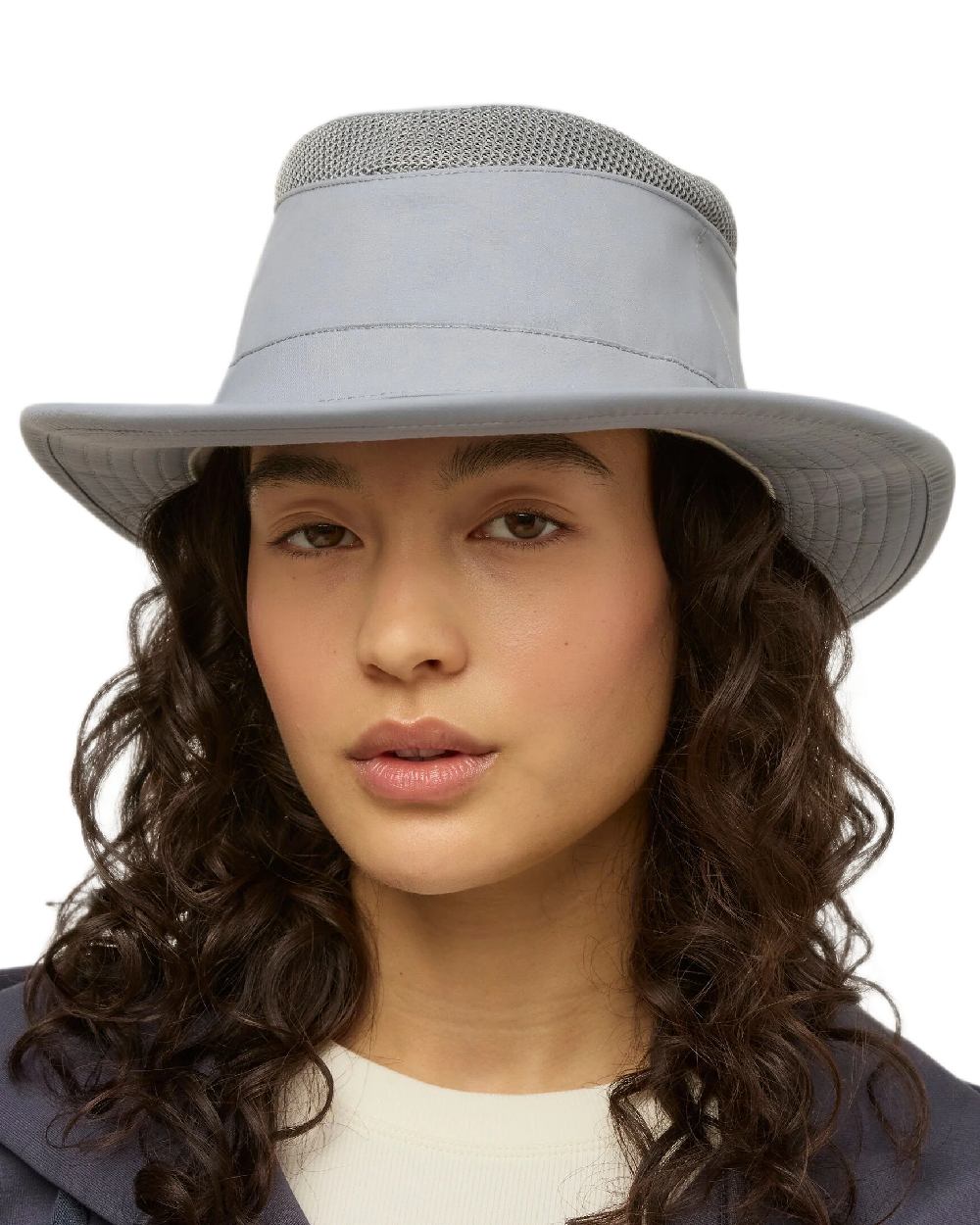 Soft Blue Coloured Tilley Airflo Medium Brim Recycled Hat on white background