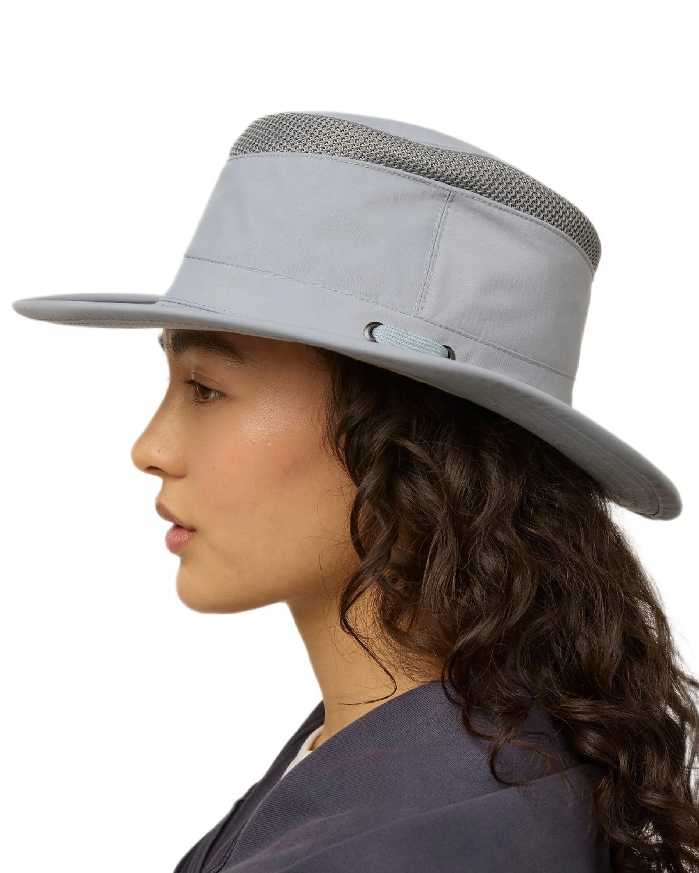 Soft Blue Coloured Tilley Airflo Medium Brim Recycled Hat on white background