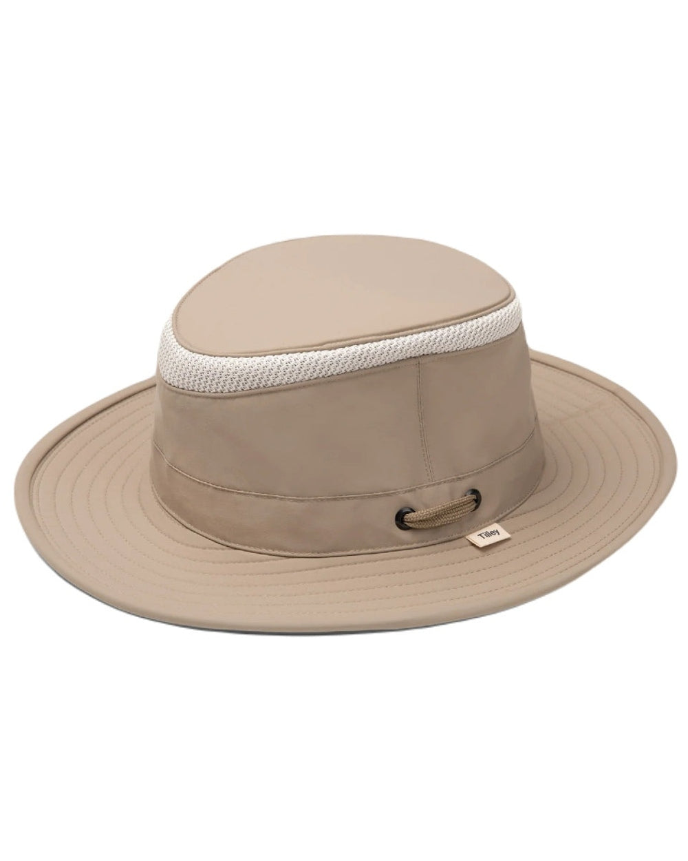 Taupe coloured Tilley Airflo Medium Brim Recycled Hat on white background