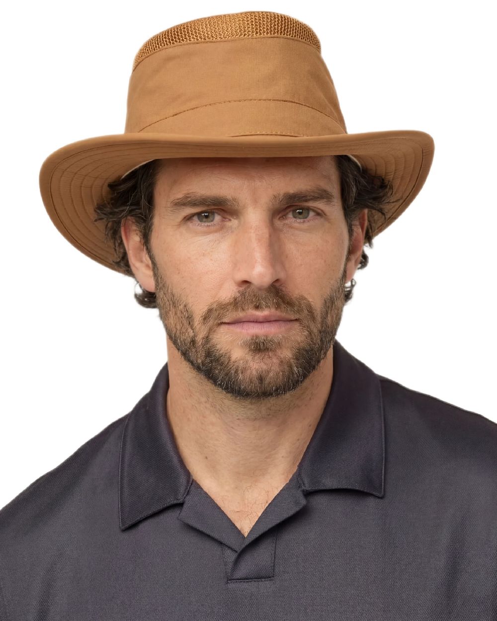 Toffee Coloured Tilley Airflo Medium Brim Recycled Hat on white background