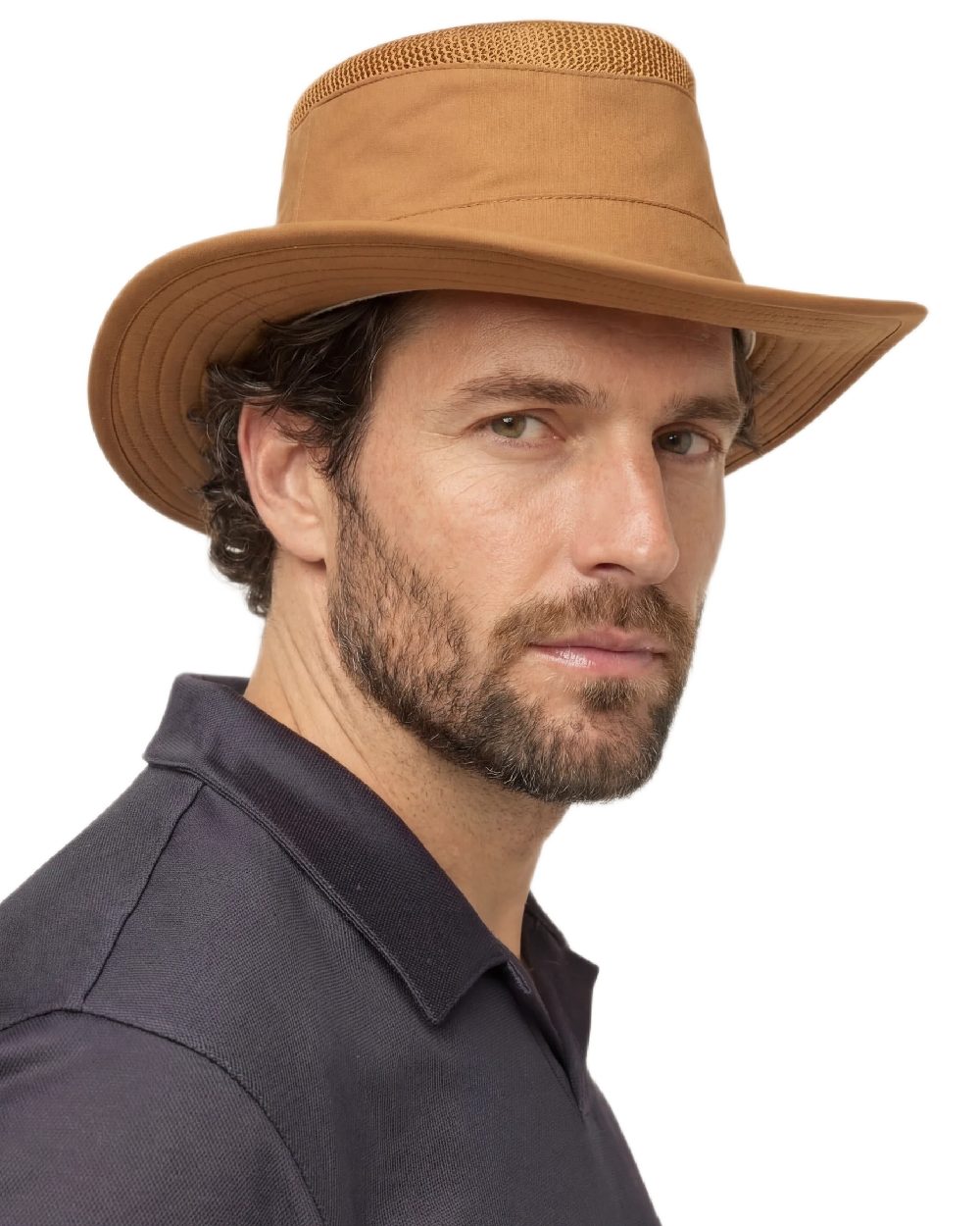 Toffee Coloured Tilley Airflo Medium Brim Recycled Hat on white background