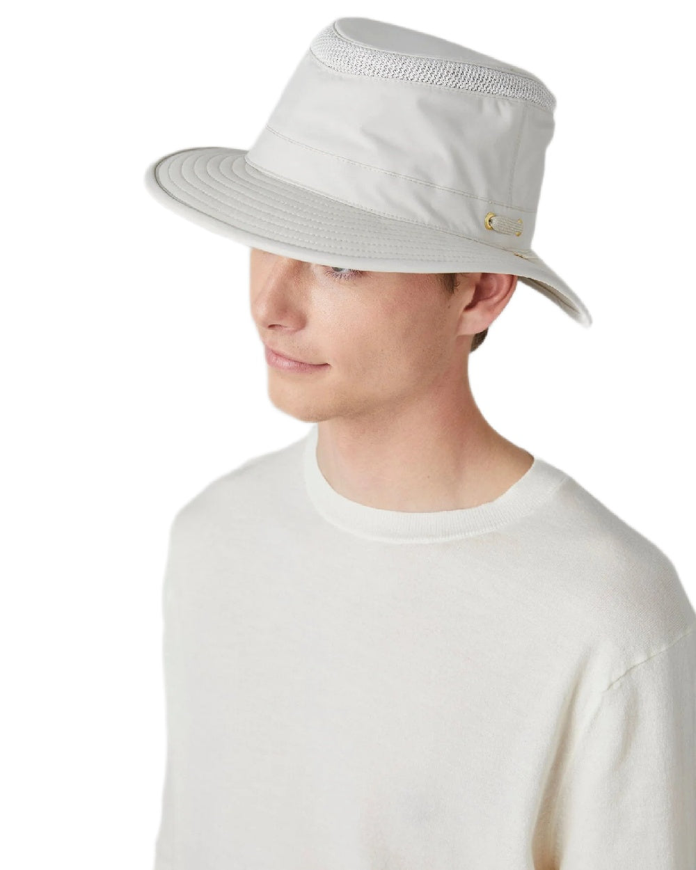 White Coloured Tilley Airflo Medium Brim Recycled Hat on white background