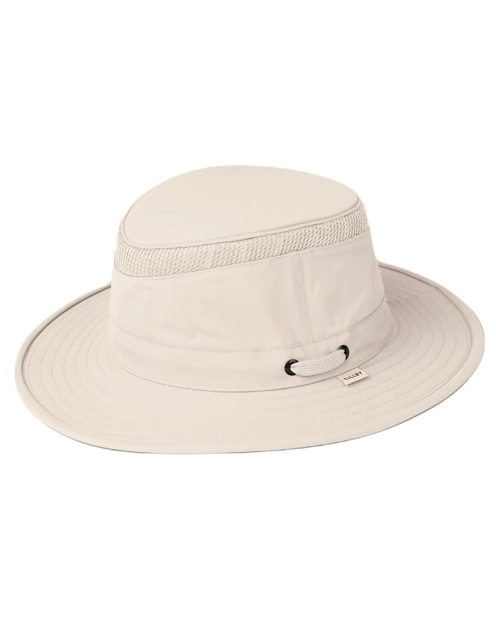 Light Stone coloured Tilley Airflo Medium Brim Recycled Hat on white background
