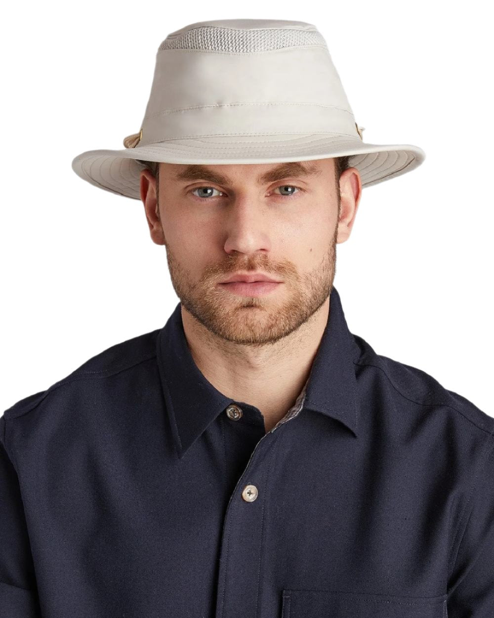 Light Stone coloured Tilley Airflo Medium Brim Recycled Hat on white background