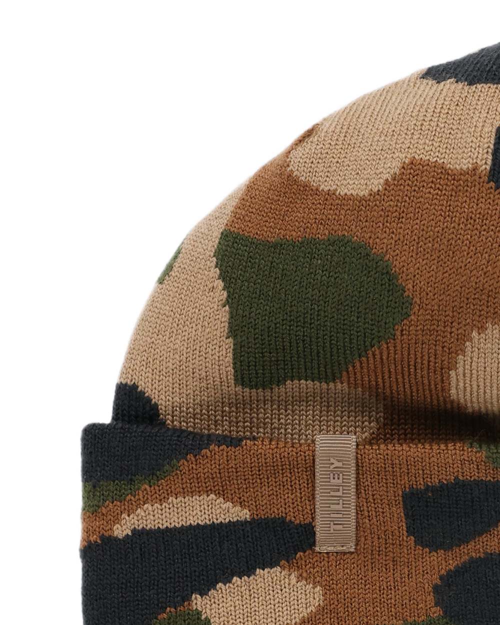Camo coloured Tilley Camo Beanie on white background