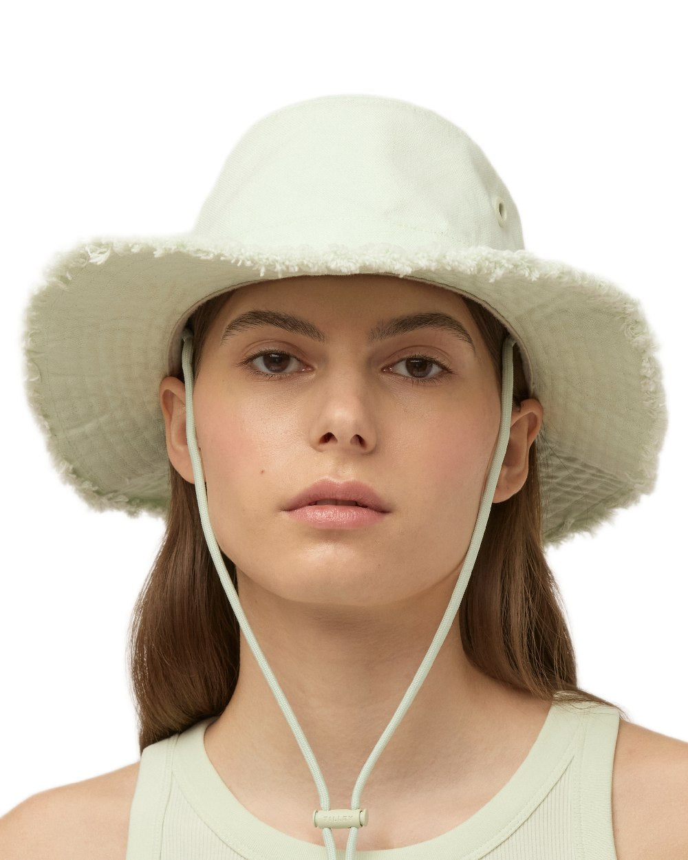 Frosted Mint Coloured Tilley Fringe Wanderer Hat on white background
