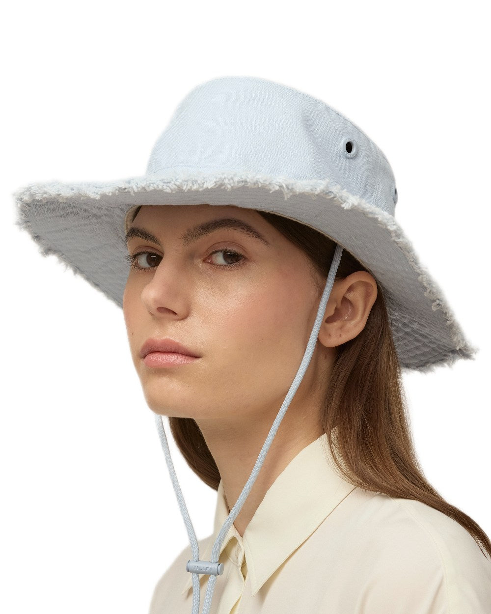 Ice Blue Coloured Tilley Fringe Wanderer Hat on white background