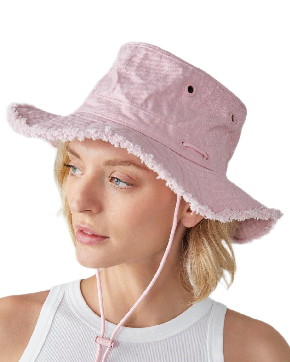 Light Pink Coloured Tilley Fringe Wanderer Hat on white background