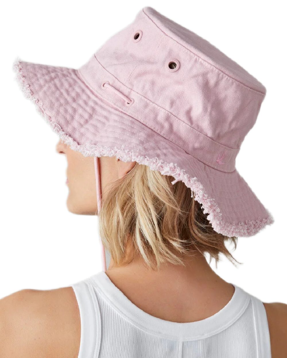 Light Pink Coloured Tilley Fringe Wanderer Hat on white background