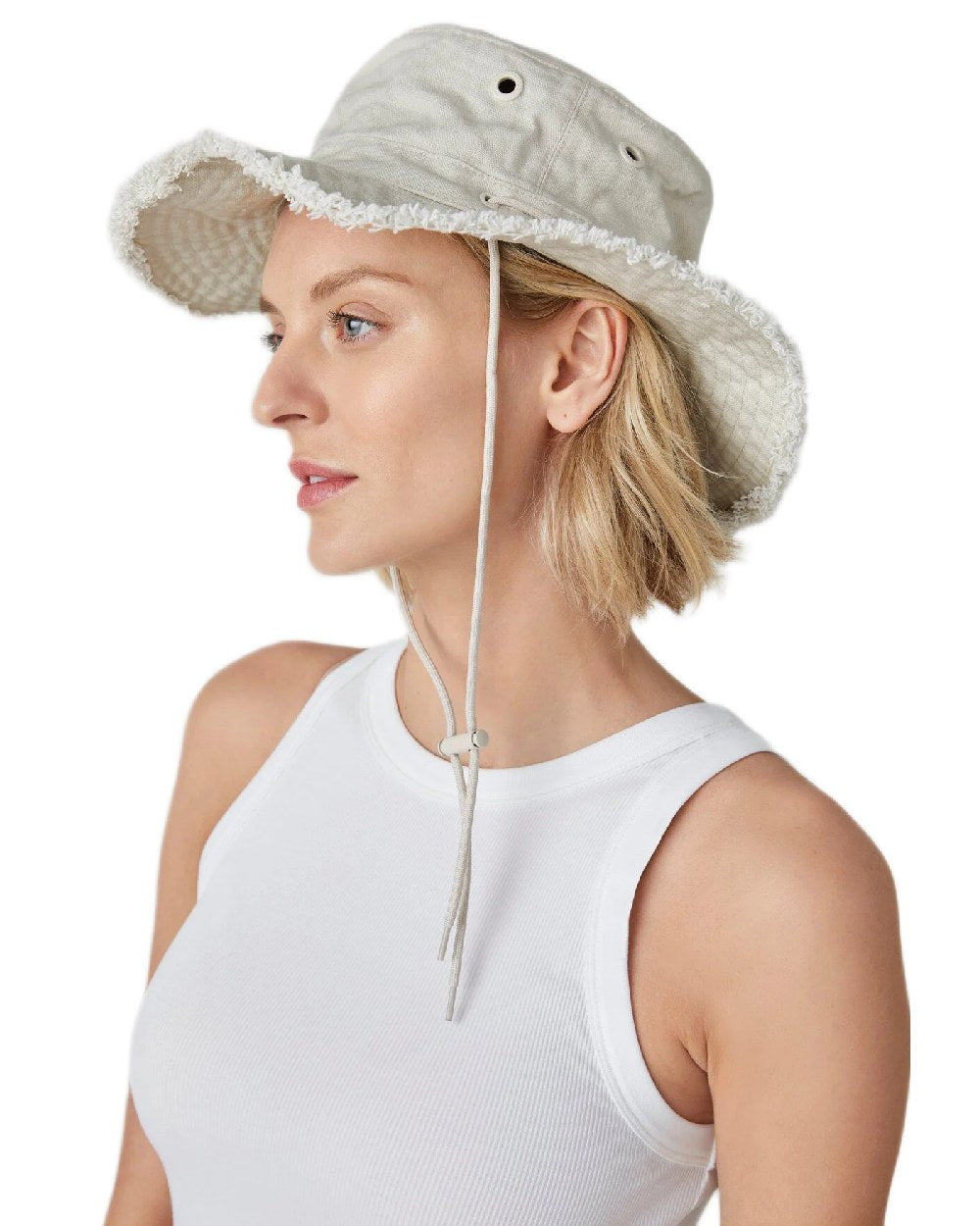 Stone Coloured Tilley Fringe Wanderer Hat on white background
