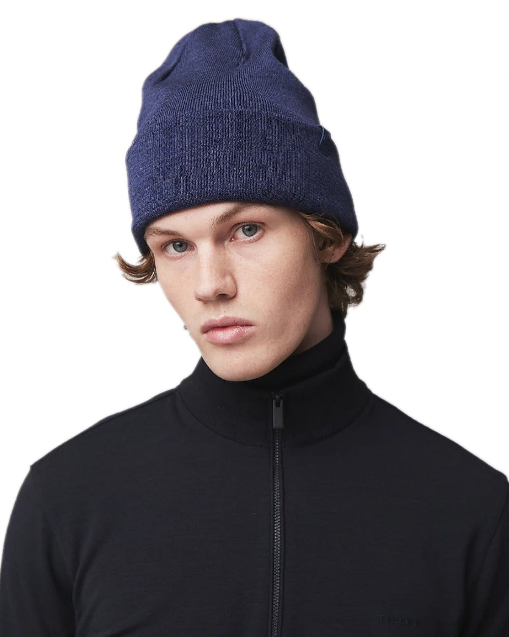 Mid Blue Coloured Tilley Hydrowool Beanie on white background