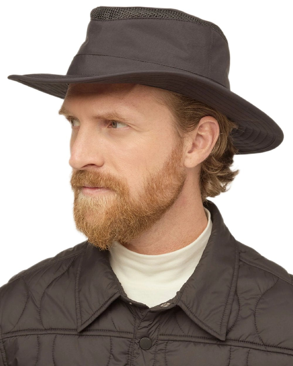 Black Coloured Tilley LTM5 Winterised Airflo Slim Sun Hat on white background