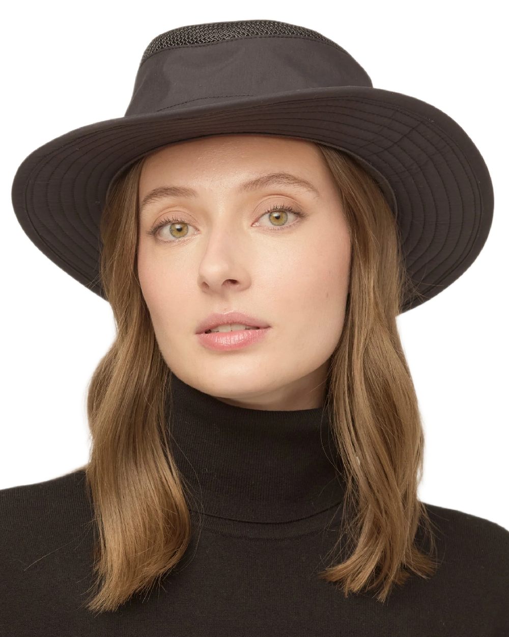 Black Coloured Tilley LTM5 Winterised Airflo Slim Sun Hat on white background