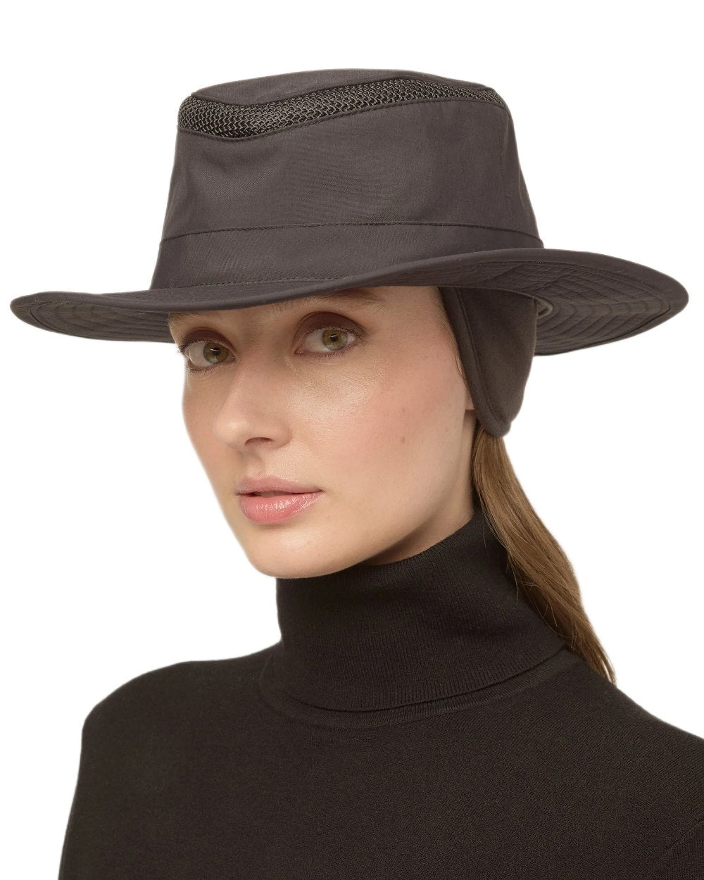 Black Coloured Tilley LTM5 Winterised Airflo Slim Sun Hat on white background