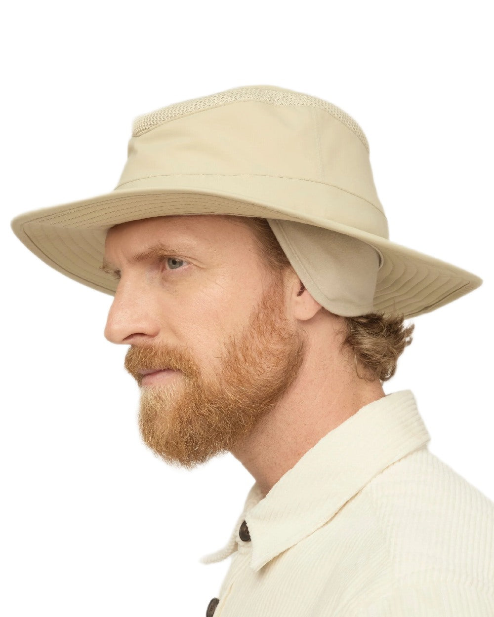 Khaki Coloured Tilley LTM5 Winterised Airflo Slim Sun Hat on white background