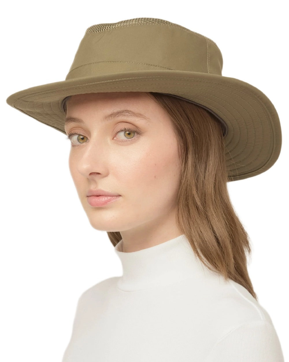 Olive Coloured Tilley LTM5 Winterised Airflo Slim Sun Hat on white background