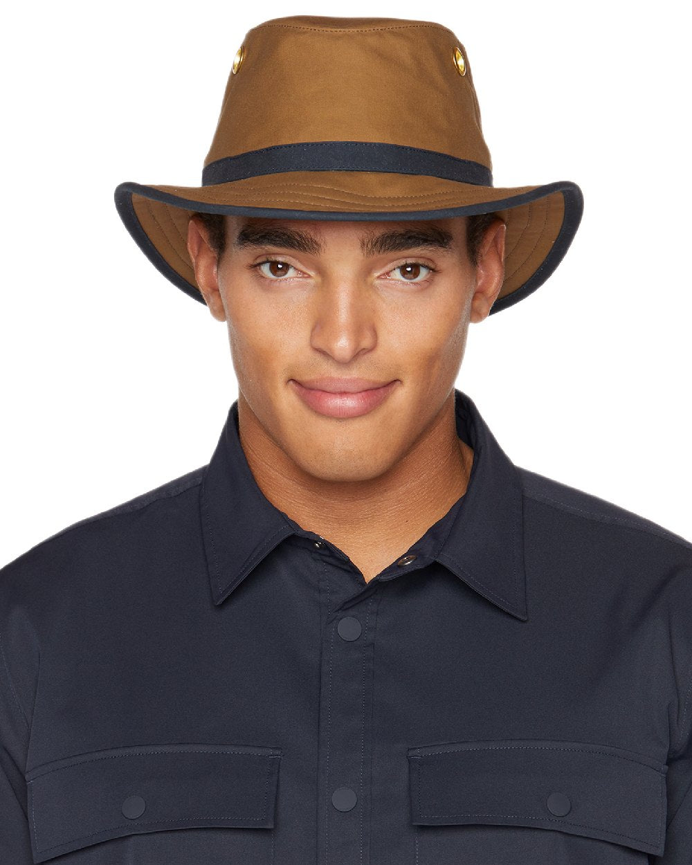 British Tan Navy Coloured Tilley Outback Waxed Cotton Hat on white background