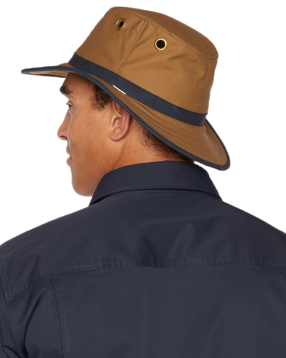 British Tan Navy Coloured Tilley Outback Waxed Cotton Hat on white background