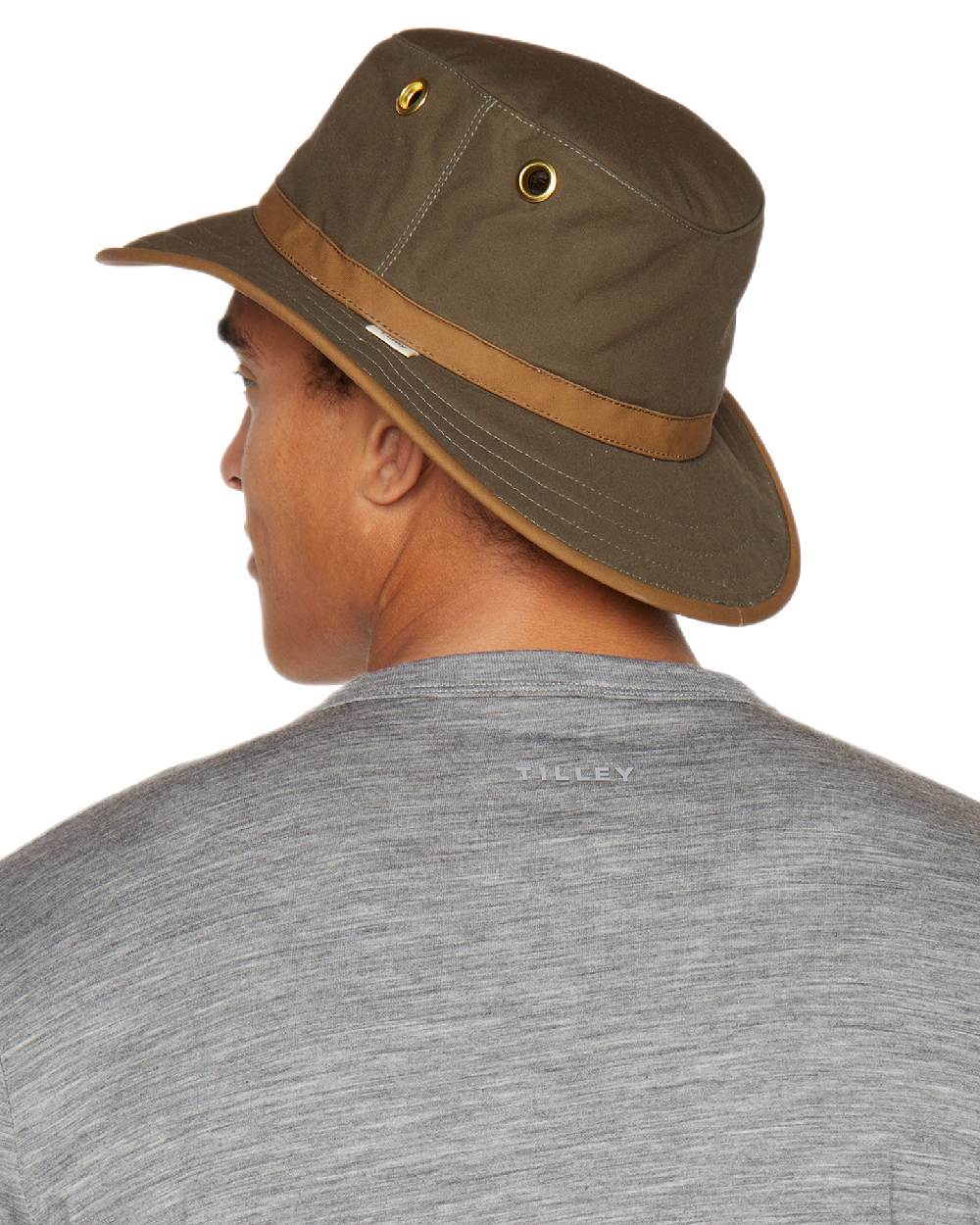 Green British Tan Coloured Tilley Outback Waxed Cotton Hat on white background