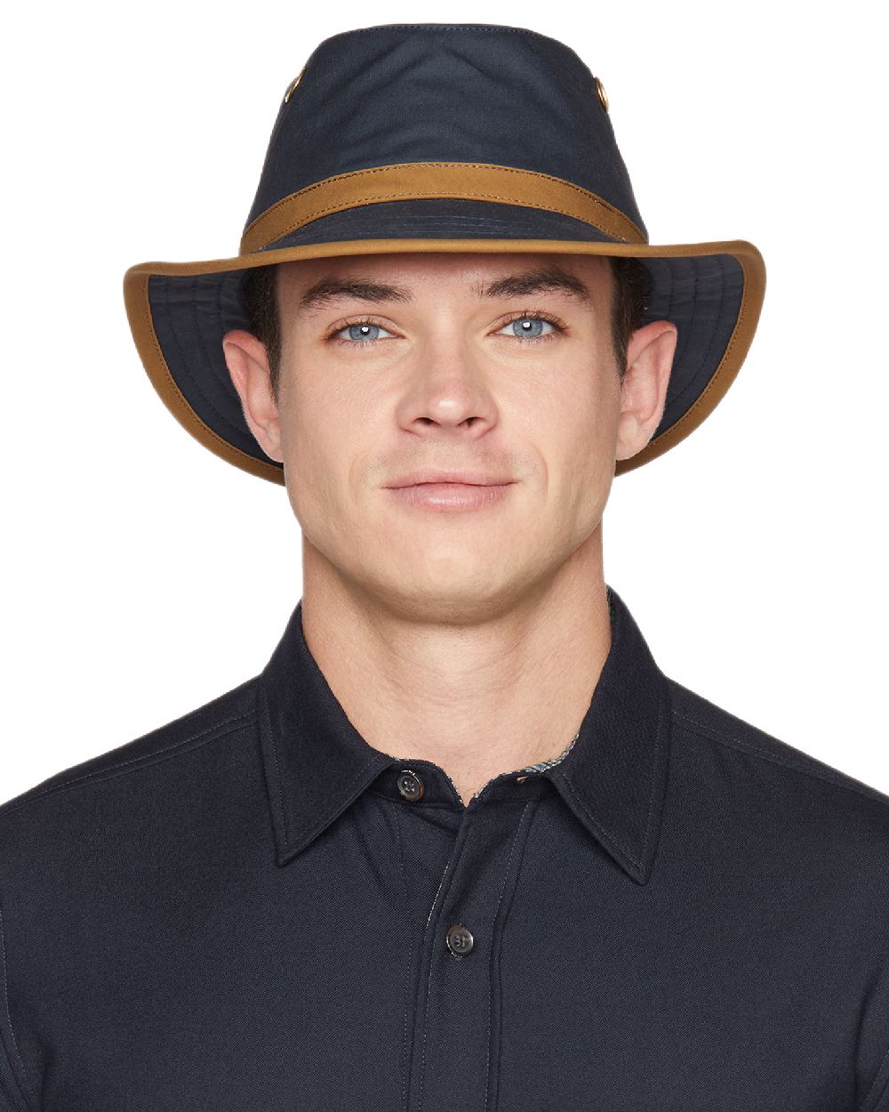 Navy British Tan Coloured Tilley Outback Waxed Cotton Hat on white background