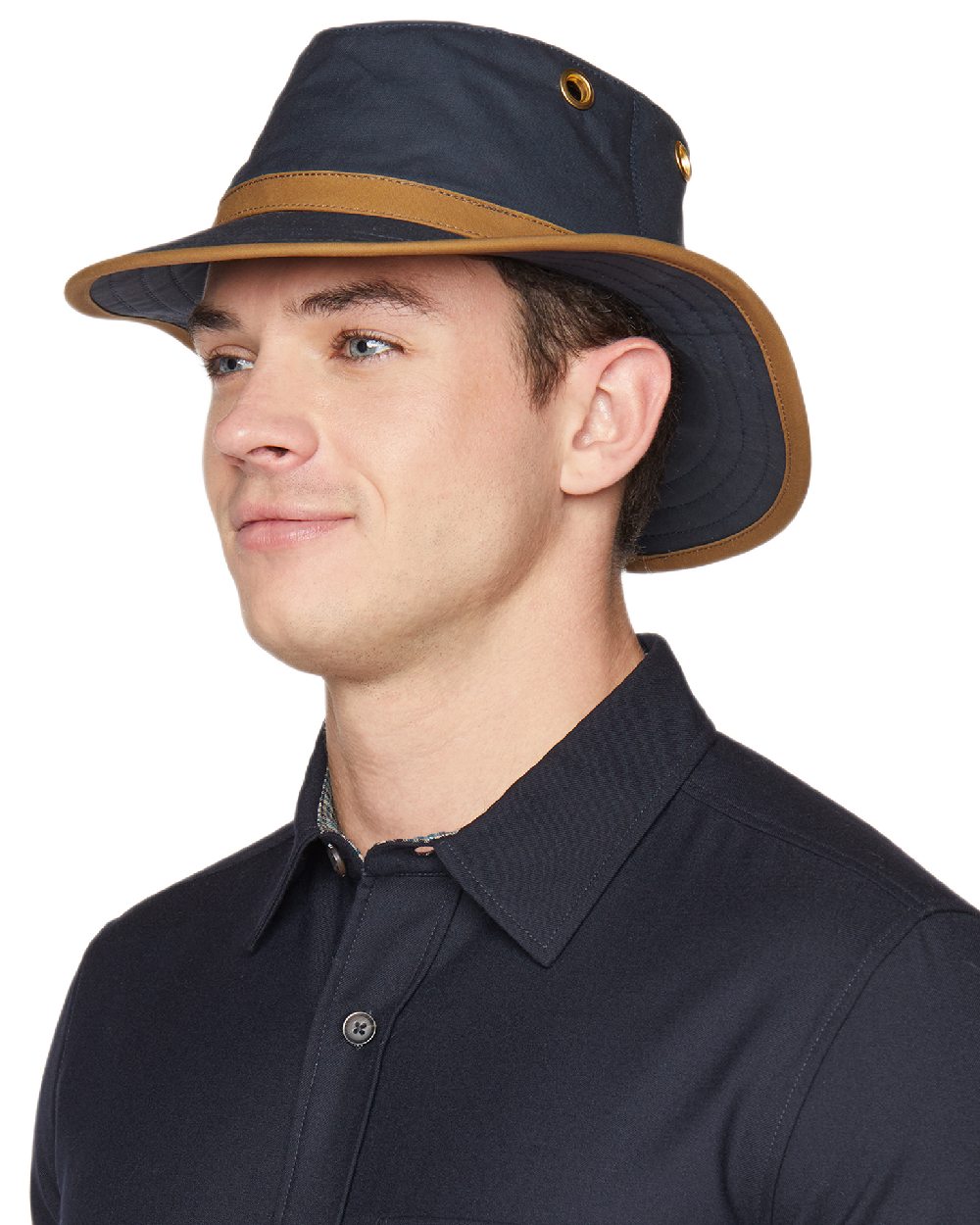 Navy British Tan Coloured Tilley Outback Waxed Cotton Hat on white background