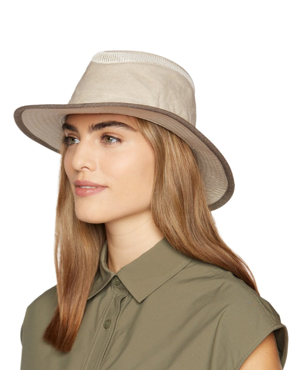 Sand Coloured Tilley TMH55 Organic Airflo Sun Hat on white background