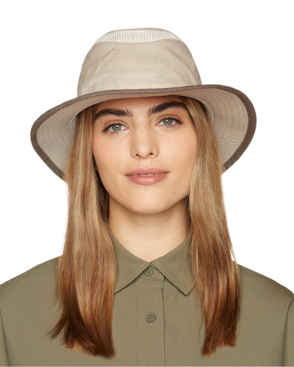 Sand Coloured Tilley TMH55 Organic Airflo Sun Hat on white background