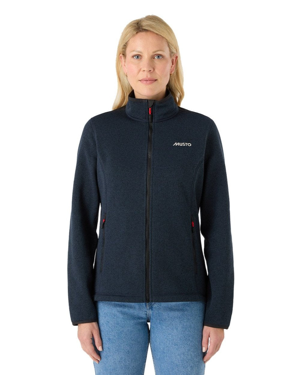 True Navy Marl Coloured Musto Womens Knitted Fleece On A White Background