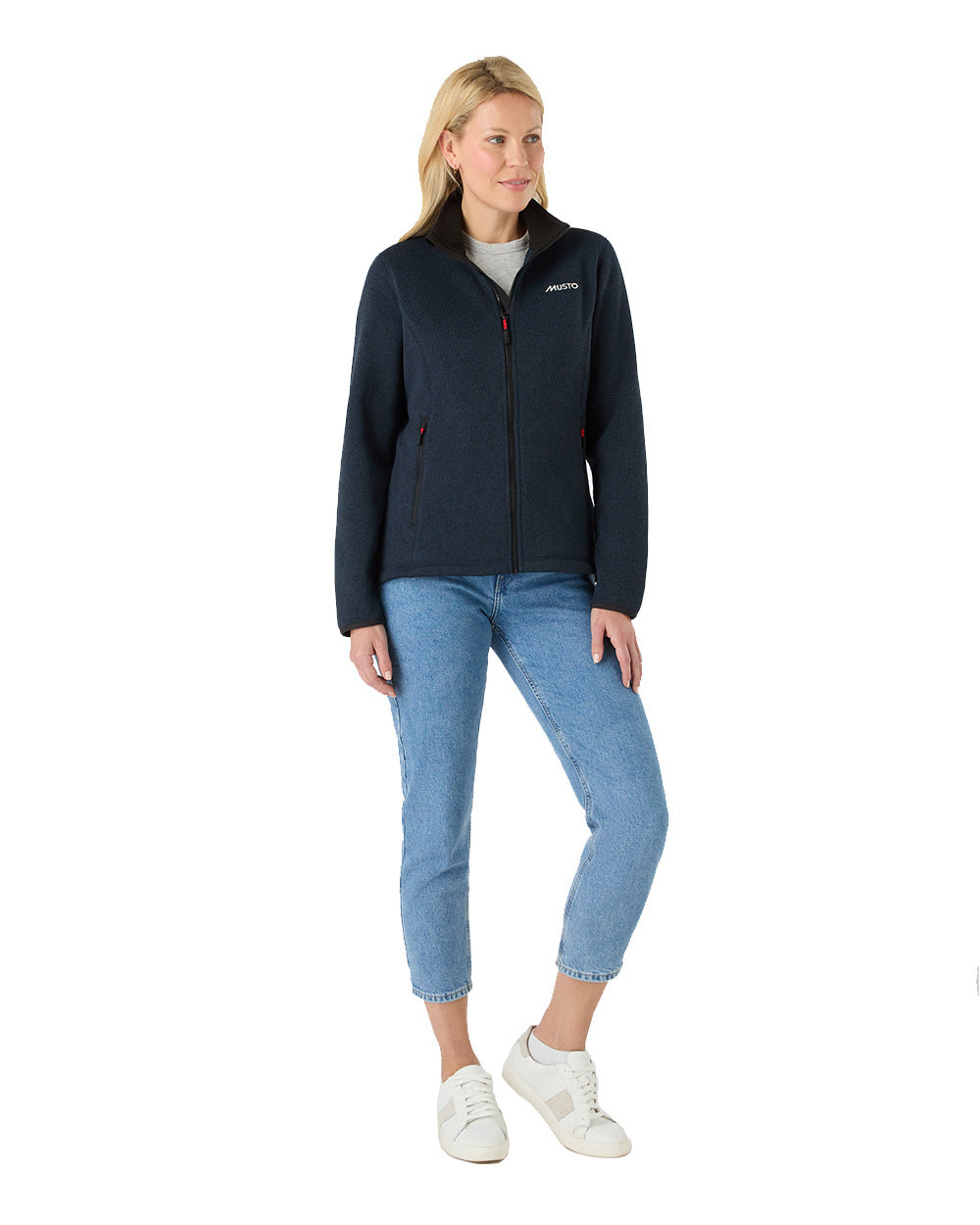 True Navy Marl Coloured Musto Womens Knitted Fleece On A White Background 
