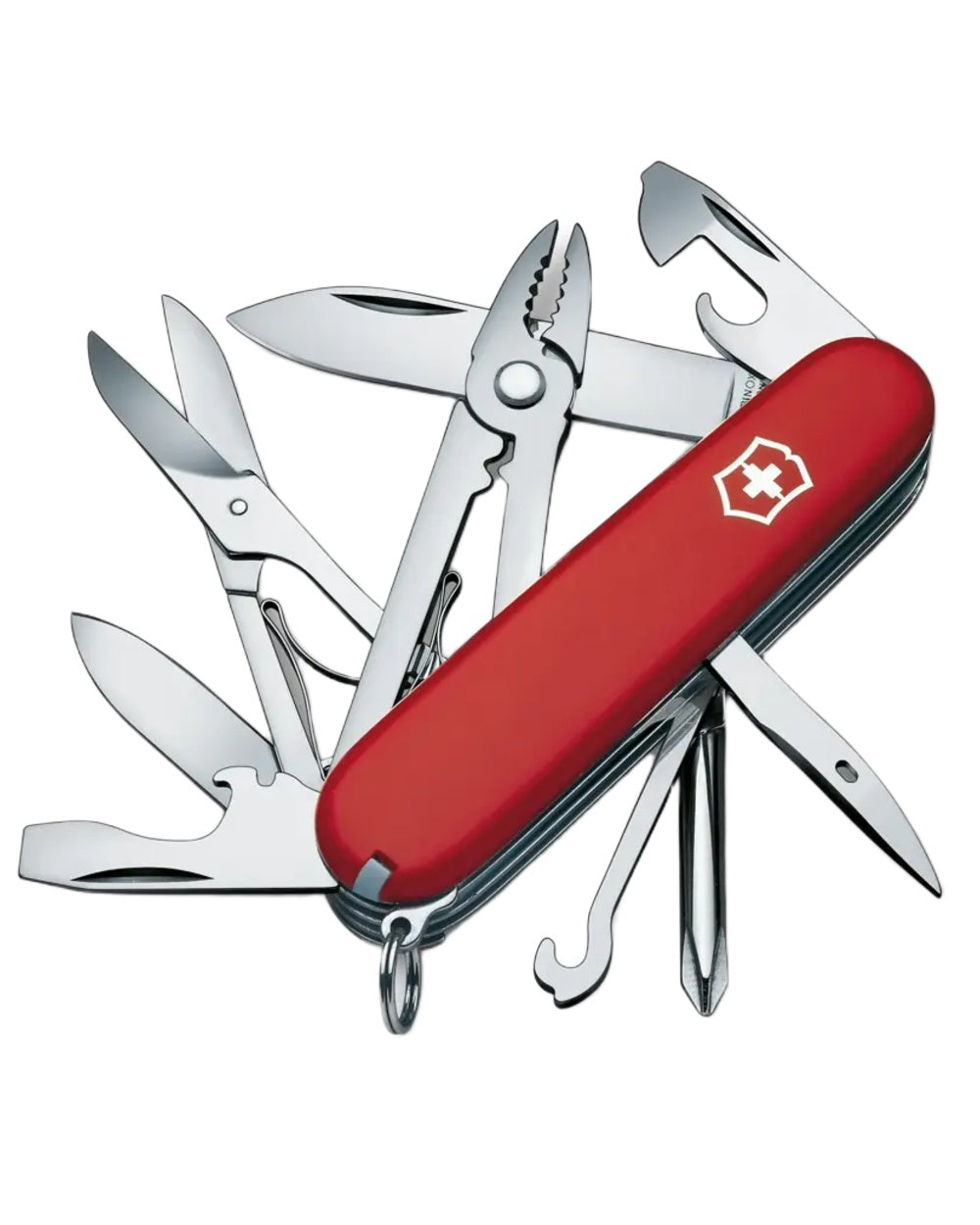 Red coloured Victorinox Deluxe Tinker Swiss Army Pocket Knife on white background