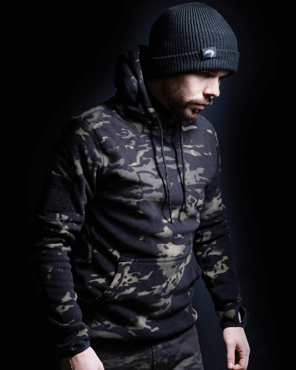 VCAM Black Coloured Viper Fleece Hoodie on blurry background
