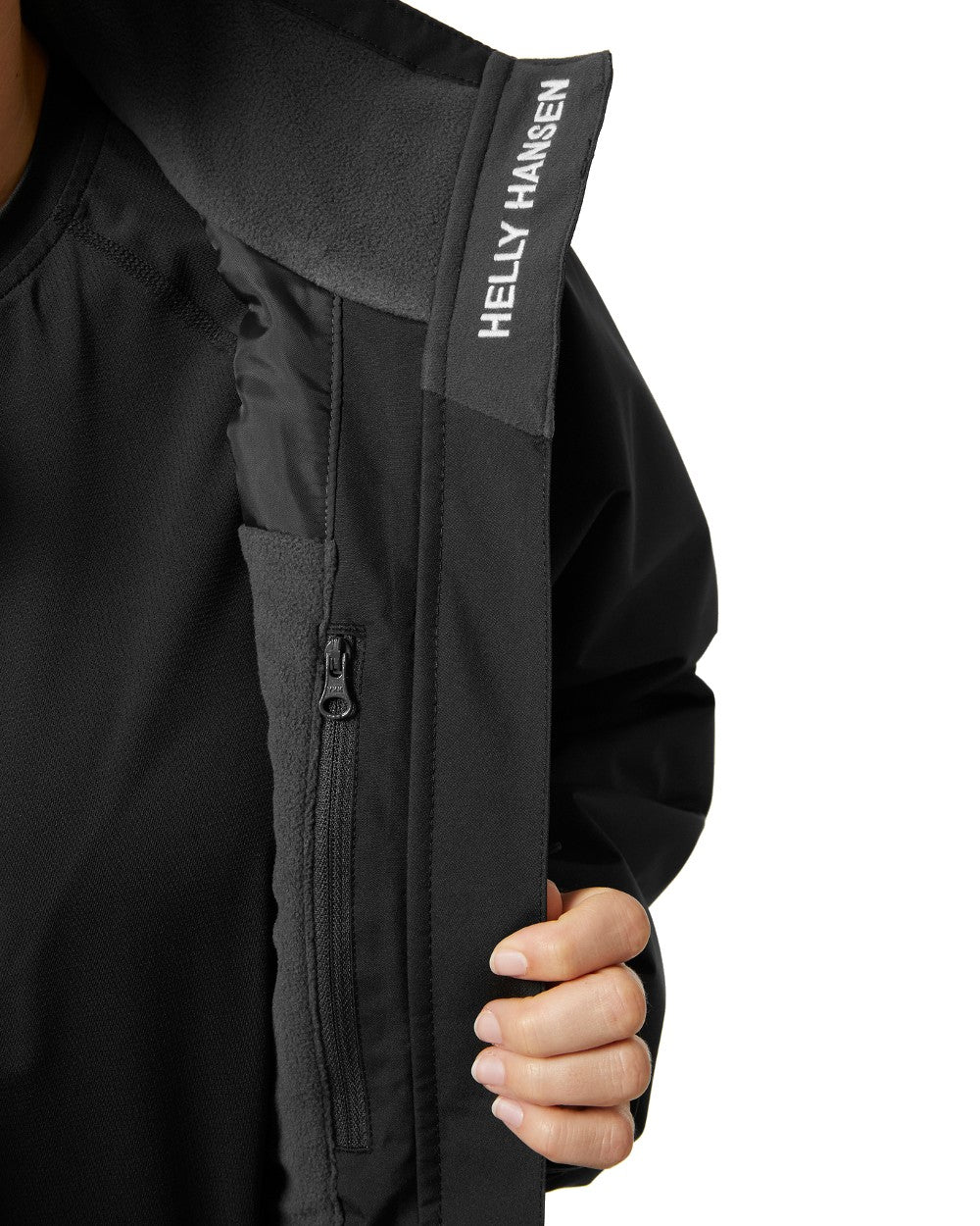 Black coloured Helly Hansen Womens Crew Midlayer Sailing Jacket 2.0 on white background