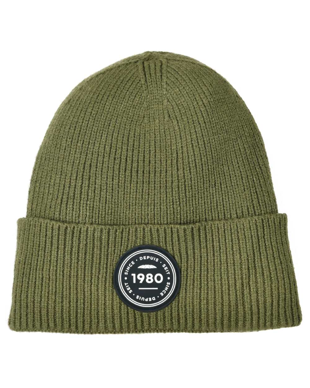 Olive Night coloured WeatherBeeta Fleece Lined Beanie on white background