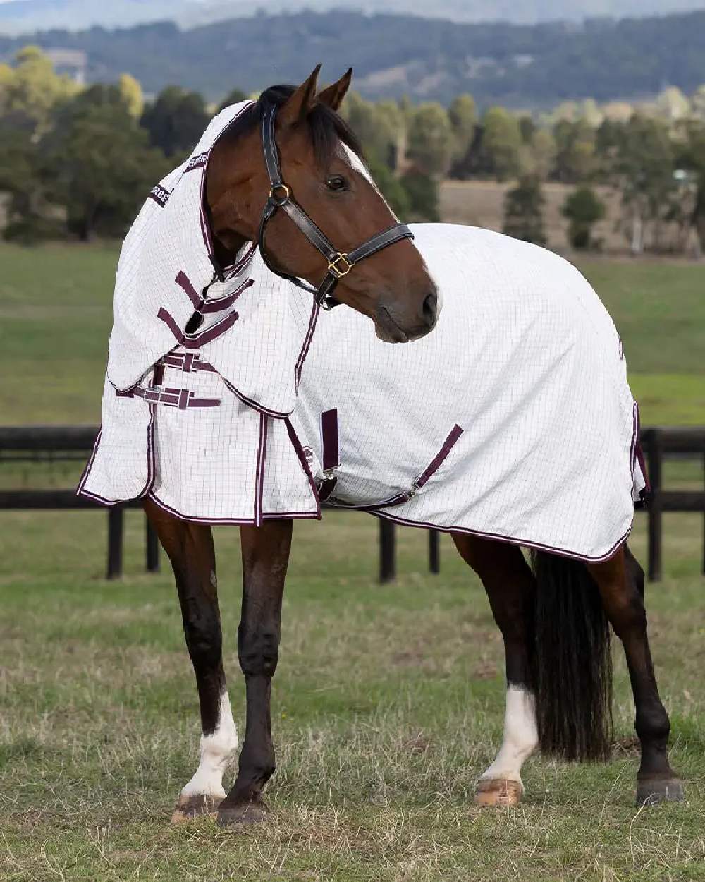 White maroon coloured WeatherBeeta Hybrid Seasons Combo Neck on blurry field background