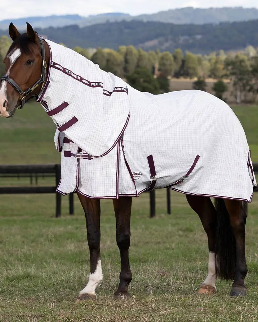 White maroon coloured WeatherBeeta Hybrid Seasons Combo Neck on field background