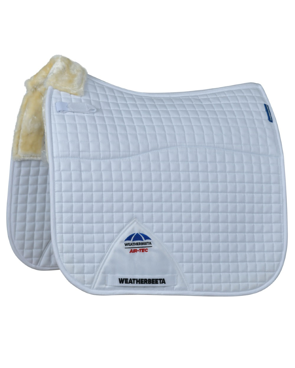 White Natural coloured WeatherBeeta Prime Air-Tec Comfy Fleece Dressage Saddle Pad on white background