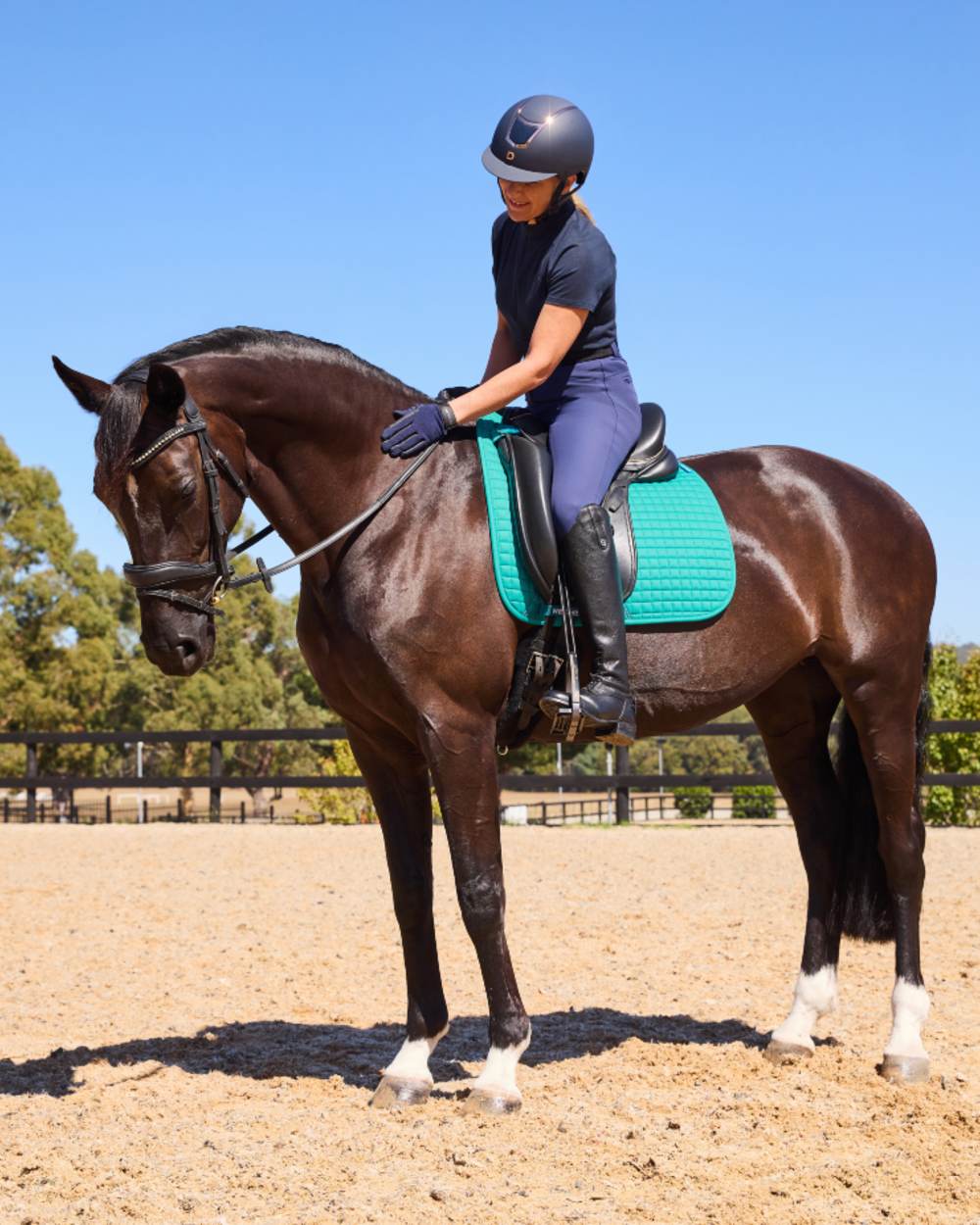 Dark Turquoise Coloured WeatherBeeta Prime Air-Tec Dressage Saddle Pad on horse background