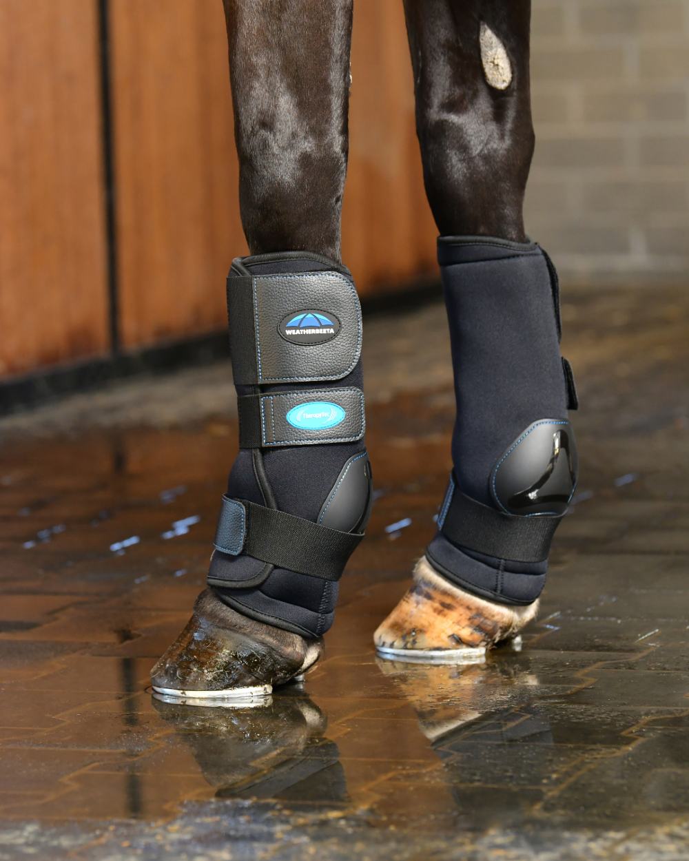 Black Coloured WeatherBeeta Therapy-Tec II Ultra Cool Ice Boots on horse background