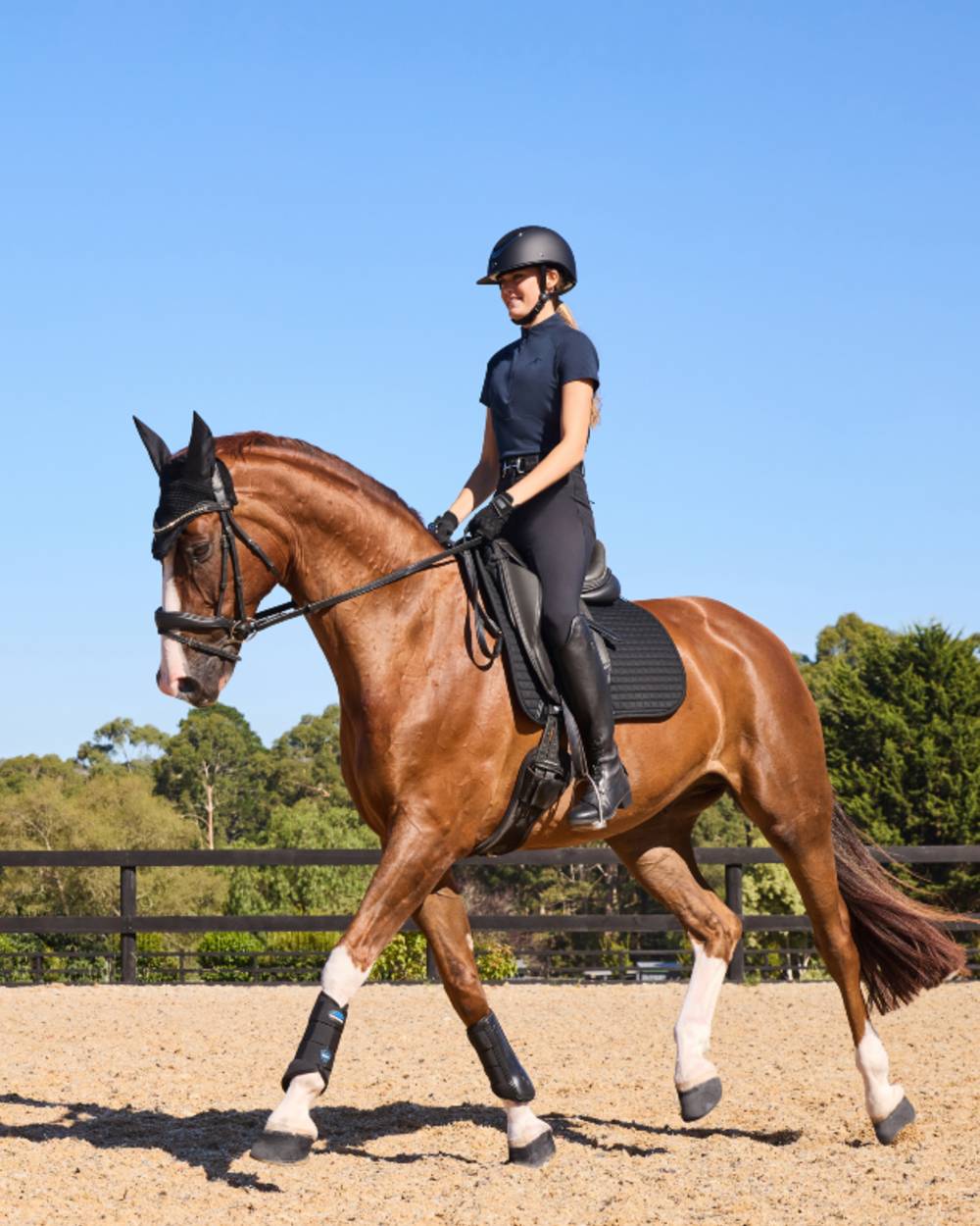 Black Coloured WeatherBeeta Tough-Tec Prime Brushing Boots on horse background