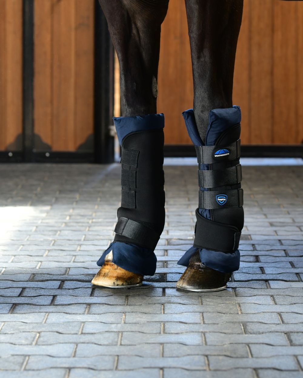 Black Navy Coloured WeatherBeeta Tough-Tec Stable Boot Wraps on horse background