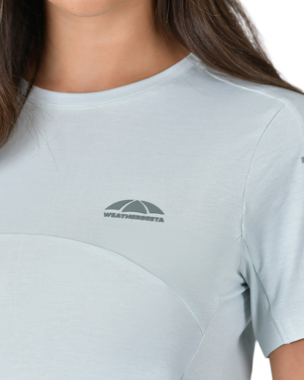 Soft Sage coloured WeatherBeeta Womens 37.5 Lightweight Performance Short Sleeve Top on white background