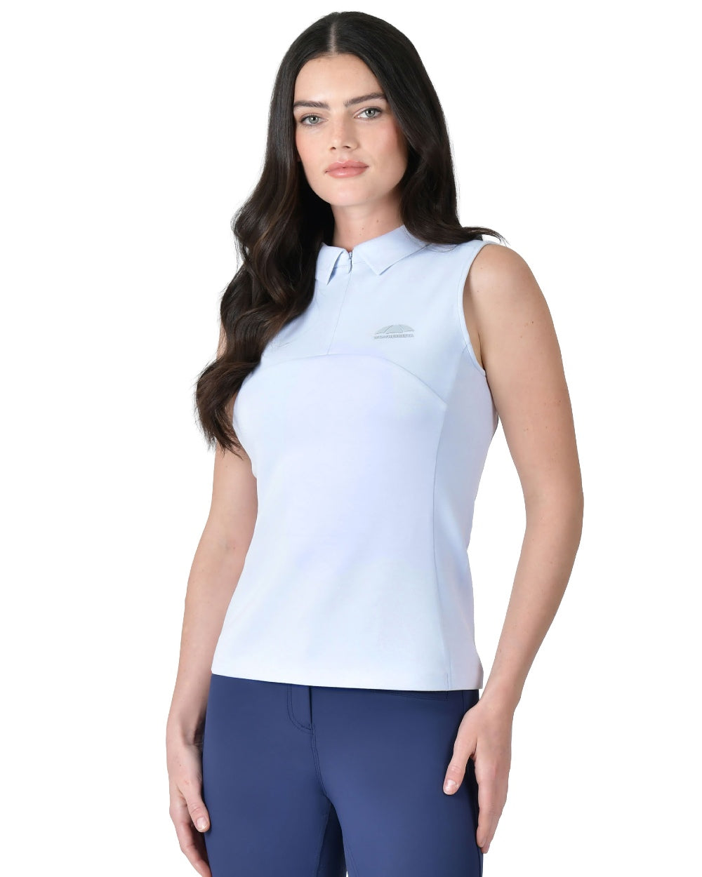 Mist Blue coloured WeatherBeeta Womens 37.5 Sleeveless Performance Polo T-Shirt on white background